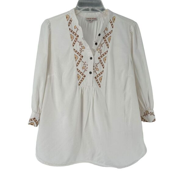 Knox Rose Bohemian Top White Embroidered 3/4 Sleeve Size M Peasant Popover Top - Picture 1 of 11